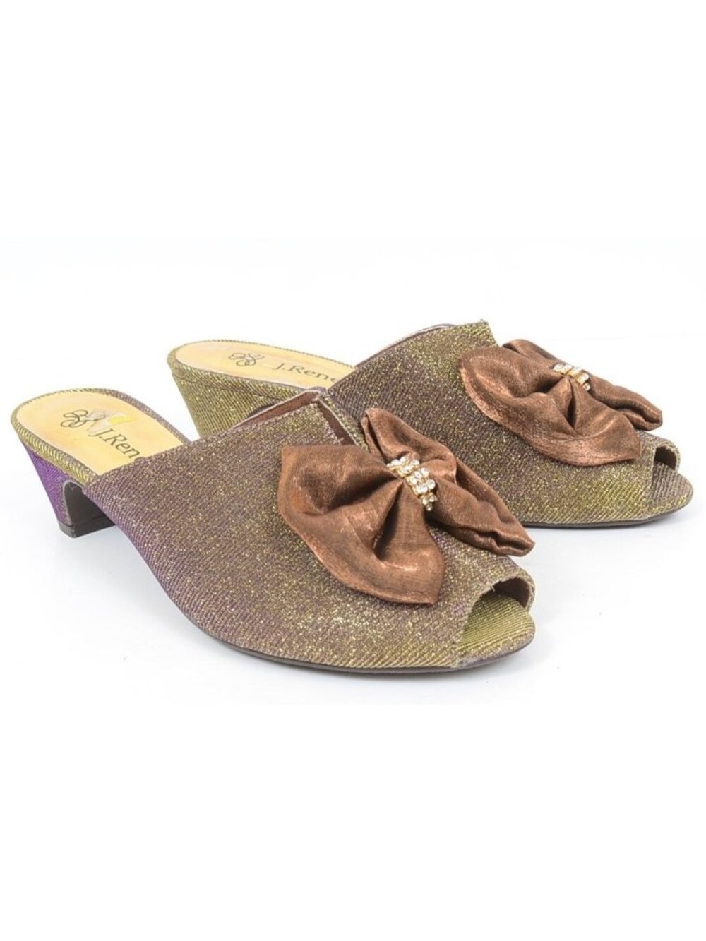 J. Reneé Y2K Shimmering Gold/Purple Glitter Peep Toe Slide Kitten Heel Mule Sz 7